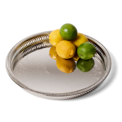 Elegance Round Metal Serving/Bar Tray,12.75 Inch Nickel Plated with Decorative Embossing Serves Champagne,Whiskey and Drinks – Silver Tone Drink,Perfume,Ottoman Tray for Home Bar,8924N