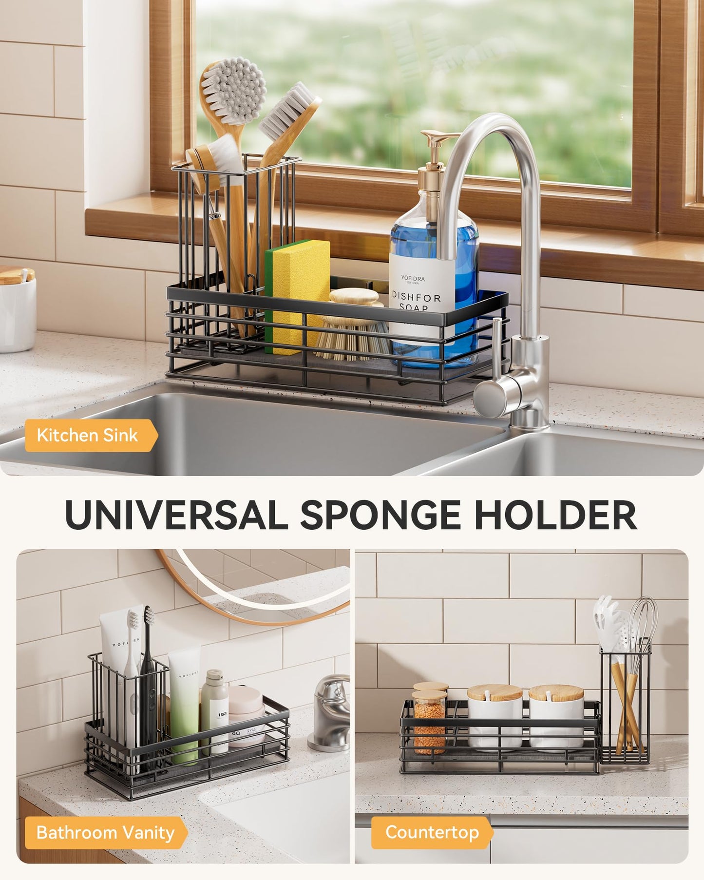 Yofidra Sponge Holder for Kitchen Organizer: Sink Caddy with Instant Drying Stone, Metal Stainless Steel, 9.3" X 4" Home Decor Storage and Organization Accessories, Black