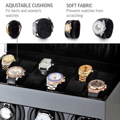 Watch Winder and Storage box for winding 3 Automatic Watches and 12 Watch Storage Space (Carbon + Black)