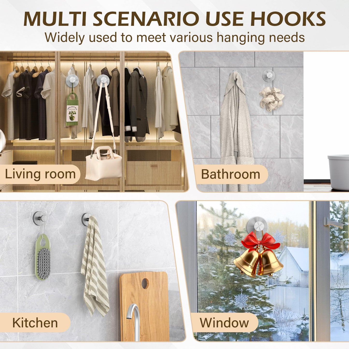 Ninth Five Suction Cup Hooks for Shower, Bathroom Wall Door Hooks for Towels, Robes, Loofahs Hanging, Removable Suction Towel Hook for Tile Glass Mirror, No Drill(4 Pack, Silver)