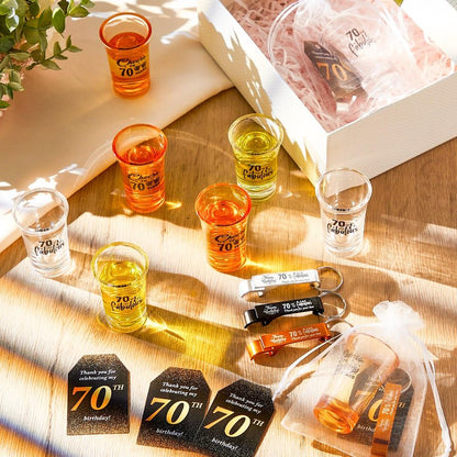 Domensi 50 Sets 70th Birthday Party for Guests Bulk Include Cheers to 70 Short Glasses Beer Bottle Opener Keychains Thank You Cards with Gift Bags and Ropes for Birthday Party Gifts