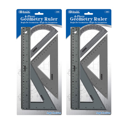 BAZIC Products 4-Piece Geometry Ruler Combination Sets, for School Math Office, 2 Pack