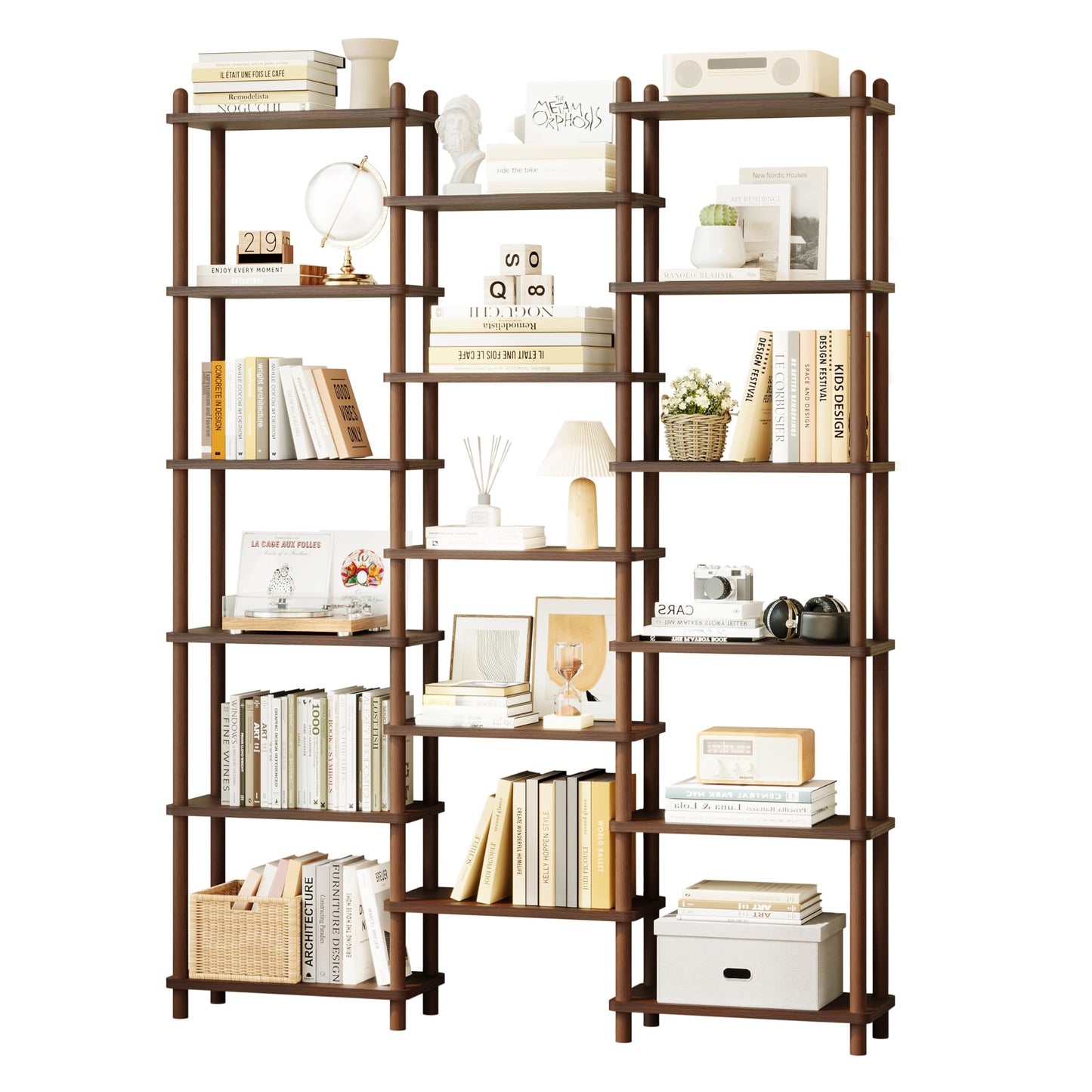 IOTXY Wooden Triple Wide Bookshelf - 6-Tier Large Shelf Bookcase with Solid Beech Frame, Tall Freestanding Open Etagere Display Rack for Home Office, Walnut