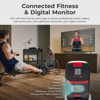 Sunny Health & Fitness Smart Silent Magnetic Rowing Machine with Dual Slide Rail – Magnetic Resistance Rower Designed for Low-Impact Full-Body Workouts and Users up to 300 LB - SF-RW523021