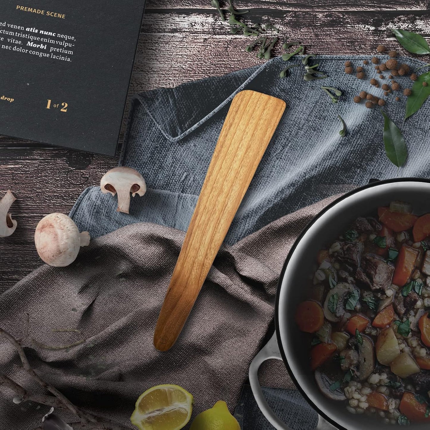 FAAY 13" Flat Wooden Spatula for Cast Iron, Egg Flipper, Handcrafted from Golden Teak for Non-Stick Cookware