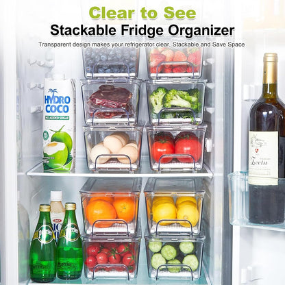 Brippo 4-Pack Refrigerator Drawer Organizer Bins, Clear Stackable Pull Out Fridge Organizers and Storage Container, with Strainer Layer for Fruits, Vegetables, Drinks, Snack and Food