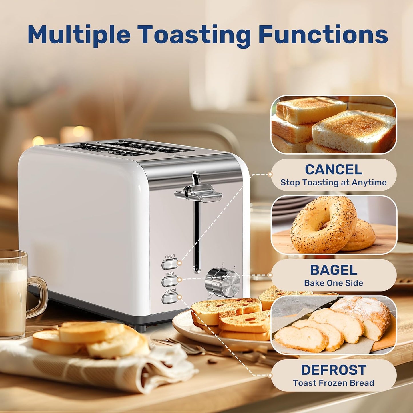 YSSOA 2-Slice Toaster - White, 6 Browning Settings, 3 Functions, Extra Wide Slot & Removable Crumb Tray for Bread &