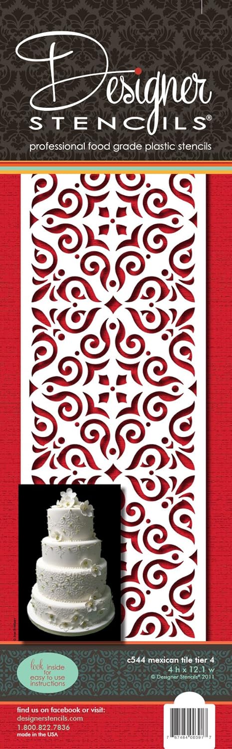 Designer Stencils Mexican Tile Cake Stencil Tier 4, Beige/Semi-Transparent