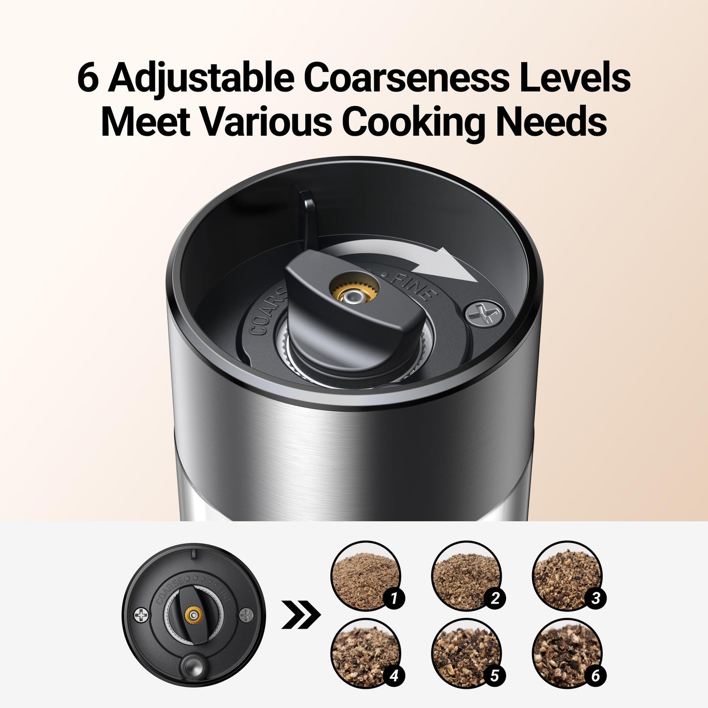 ThermoMaven Electric Salt and Pepper Grinder Set, 110ml Larger Rechargeable Automatic Salt and Pepper Mill Grinder with 6 Adjustable Coarseness, Electric Salt and Pepper Shakers, LED, Gun Grey