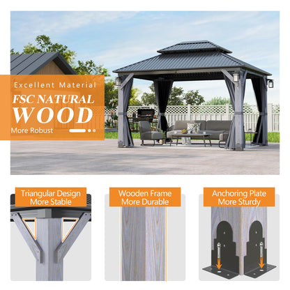GARTOO 10' x 12' Outdoor Wood Gazebo - Permanent Wooden Hardtop Gazebo Pavilion with Double Curtains & Solar LED Light, Galvanized Steel Roof Cedar Wood Gazebos for Garden, Backyard Deck