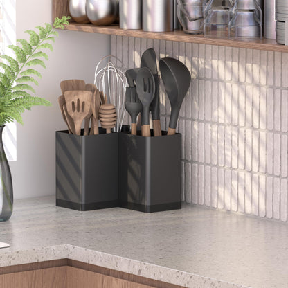 Suli Utensil holder, Kitchen Utensil Organizer for Corner Countertop,Extra Large Silverware Organizer with 3 Compartments,Farmhouse Decor, Iron, Black