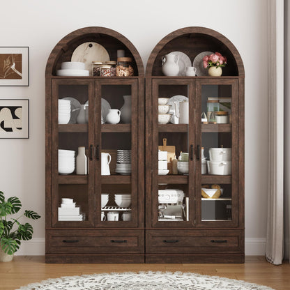 75" Tall Arched Kitchen Pantry Cabinet w Load-Bearing Steel Pipe,Modern Farmhouse Kitchens Storage Cabinet with Drawer and Glass Doors,Tall Arched Bookcase,Pantry Organizer(Rustic Brown)