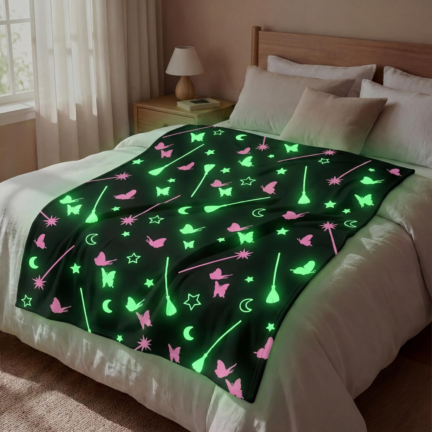 Hillsuren Glow in the Dark Witch Theme Blanket Black Broom Pink Magic Wand Flannel Throw Blanket 50 x 60 Inch for Girls Fun Sofa Bed Gift Decoration