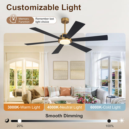 WINGBO 60 Inch Ceiling Fan with Light - 6 Plywood Blades, 6-Speed Reversible DC Motor, Noiseless Remote Control Ceiling Fans with Lights for Bedroom Living Room Kitchen, Gold and Walnut/Black