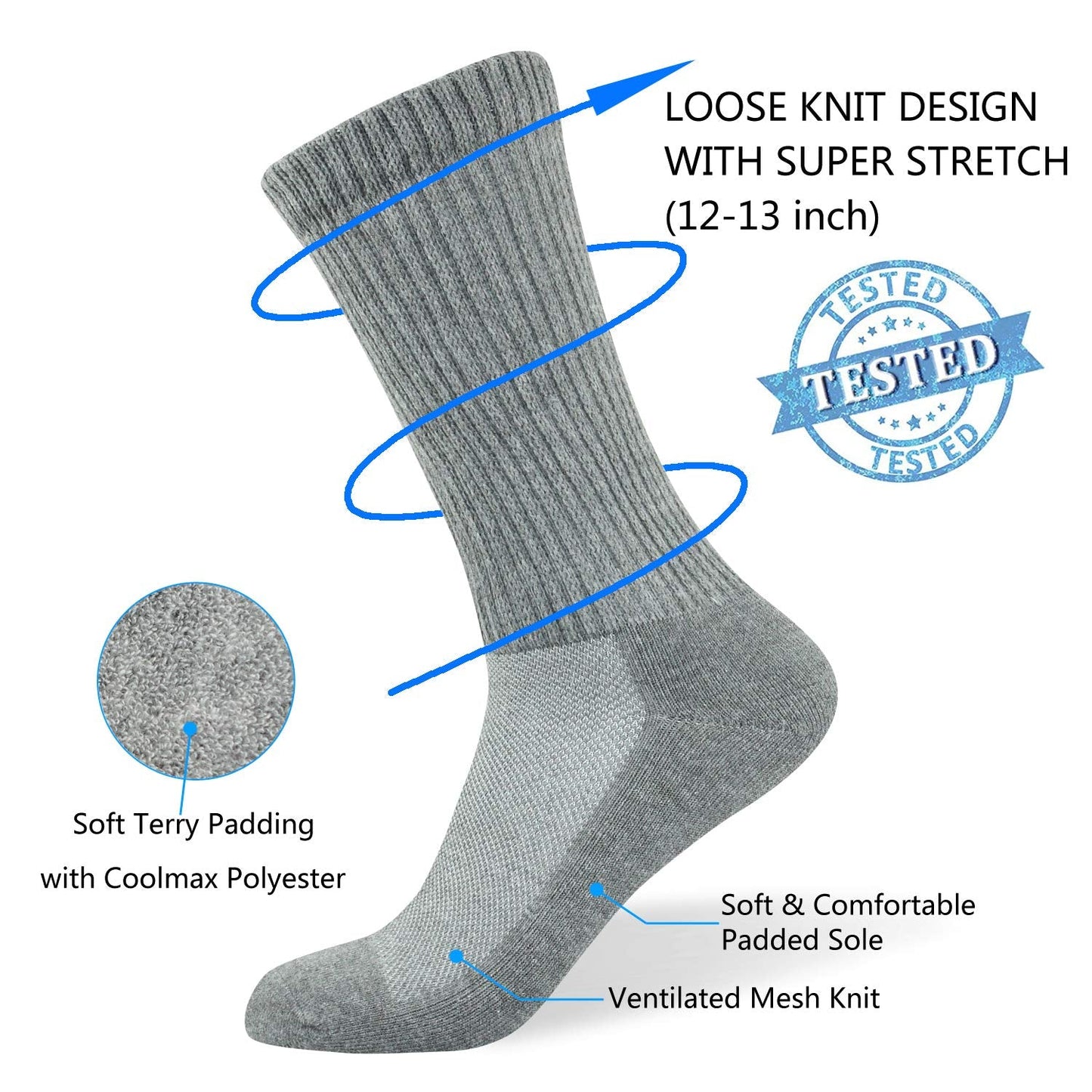 Well Knitting Diabetic Socks for Men & Women, Coolmax Medical Circulation Crew Mid Calf Socks with Seamless Toe, Non-Binding Top, and Padded Sole, 4 Pairs (Grey,L)