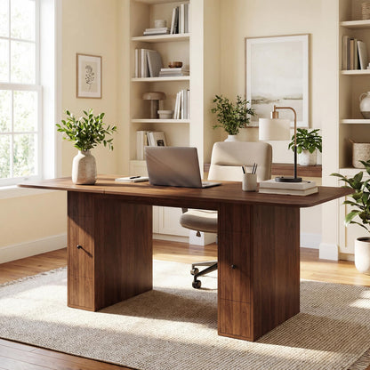 Extendable Dining Table for 6-10 People, 63" to 79" Modern Farmhouse Rectangular Kitchen Table with 4 Drawers, Space-Saving Dining Room Table with Removable Leaf for Living Room Home Office (Walnut)