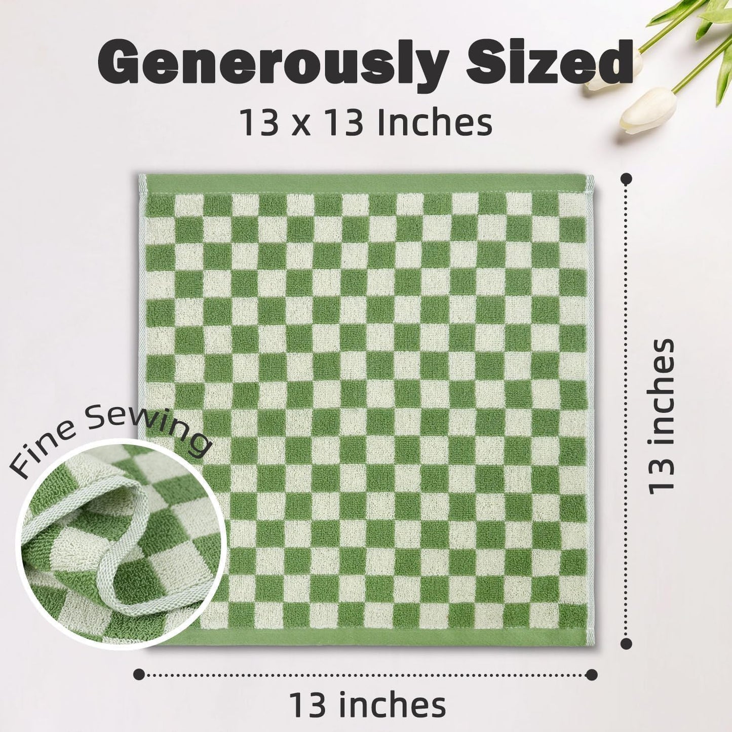 12 Pack 13x13 Inches, Jacquotha Wash Cloths Super Soft (Green Checkered), Wash Clothes Cotton Face Cloths for Washing