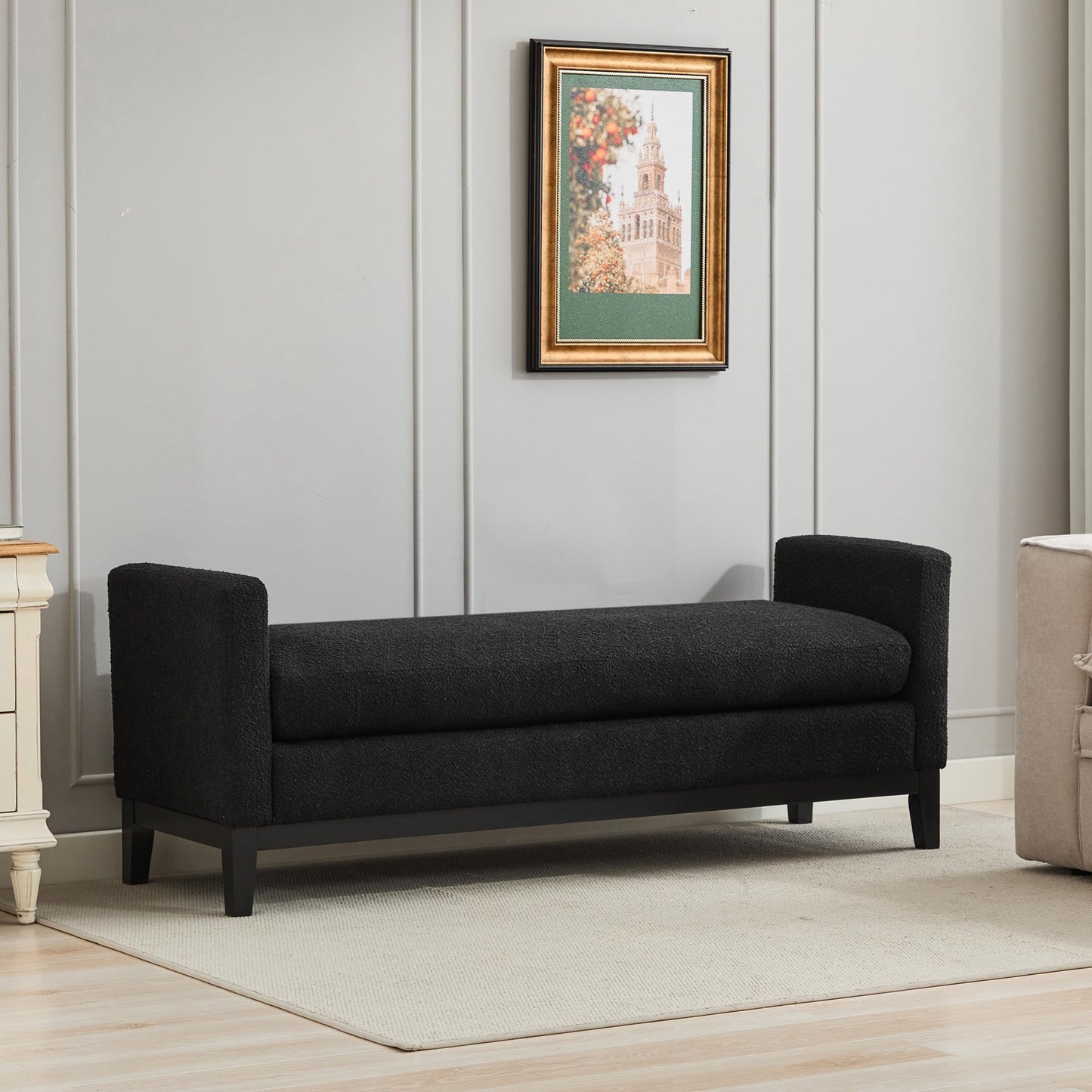 KEIKI Oversize Boucle Bench Ottoman with 2 Bolster Pillows & Wood Legs, Upholstered End of Bed Daybed Seating, Foot Rest Stool Furniture for Bedroom, Living Room, Entryway, Black
