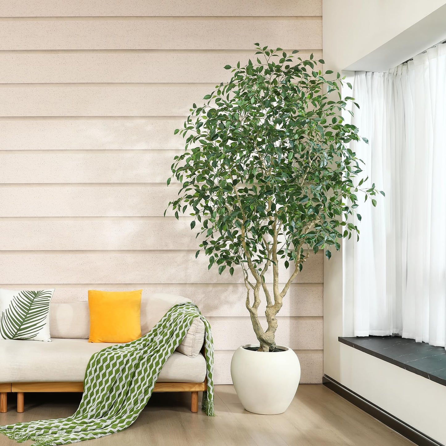 SOGUYI Ficus Tree Artificial Indoor, 8 Feet Tall Faux Ficus Tree with Round Artisan Planter, Premium Handmade, Realistic Trunk & Lifelike Leaves, Perfect for Large Spaces & Elegant Home/Office Decor