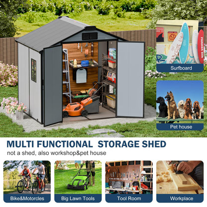 8x6 FT Resin Storage Shed with Floor Windows Lockable Double Door Vents, Easy Assembly All Weather Waterproof Durable Plastic Outdoor Sheds for Backyard Garden Storage Tools Lawnmover, Gray