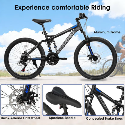 richvelo Mountain Bike with Full Suspension, 21 Speed Shifter Lever with Gear Indicator, High Carbon Steel Frame, Mechanical Disc Brakes, Use for Men/Women/Adults, Ideal for Trails. (Black, 26 INCH)