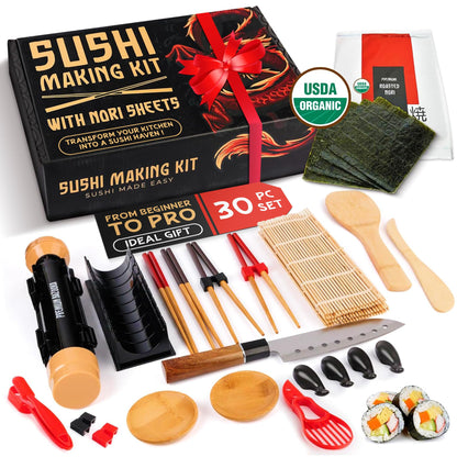 30 Pcs Sushi Making Kit – Sushi Bazooka Maker Kit with Nori Sheets for Sushi, Bamboo Rolling Mat, Easy DIY Roller Set for Beginners at Home, USDA Organic