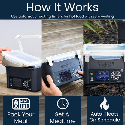 LunchEAZE XL Cordless Heated & Electric Lunch Box – Battery-Powered, 6-Cup Capacity, 220°F, Automatic Scheduled Heating, Insulated Bag for Hot Meals Anywhere