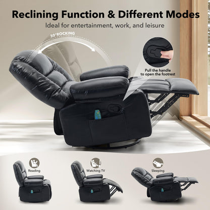 Rocker Recliner Chair with Heat and Massage,Nursery Recliner 360° Swivel Oversized Chairs for Adults,Chenille Lazy Boy Single Sofa Seat with 3 Positions,Side Pockets,Cup Holders for Living Room Black