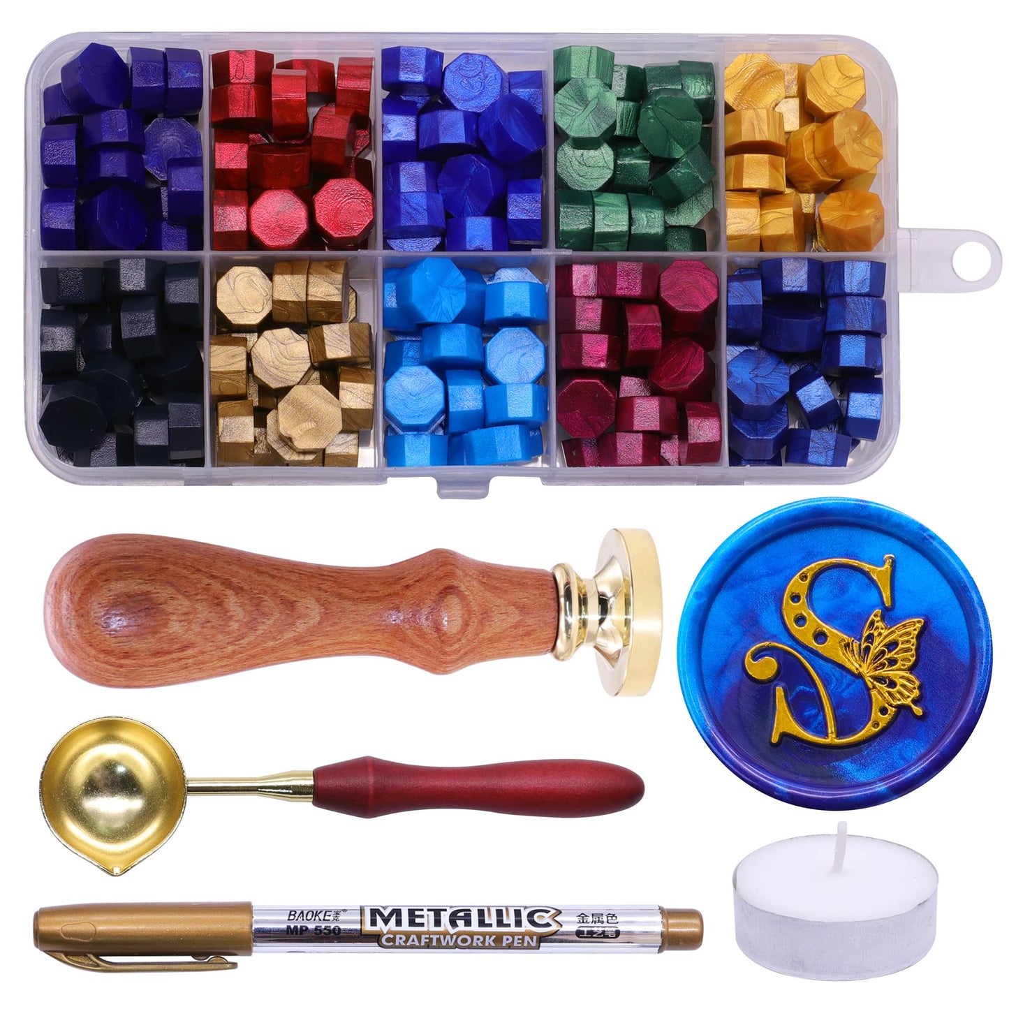 SWANGSA Initial Alphabet S Wax Seal Stamp Kit, Vintage Butterfly Letter Sealing Stamp with 200pcs Sealing Wax Beads Kit