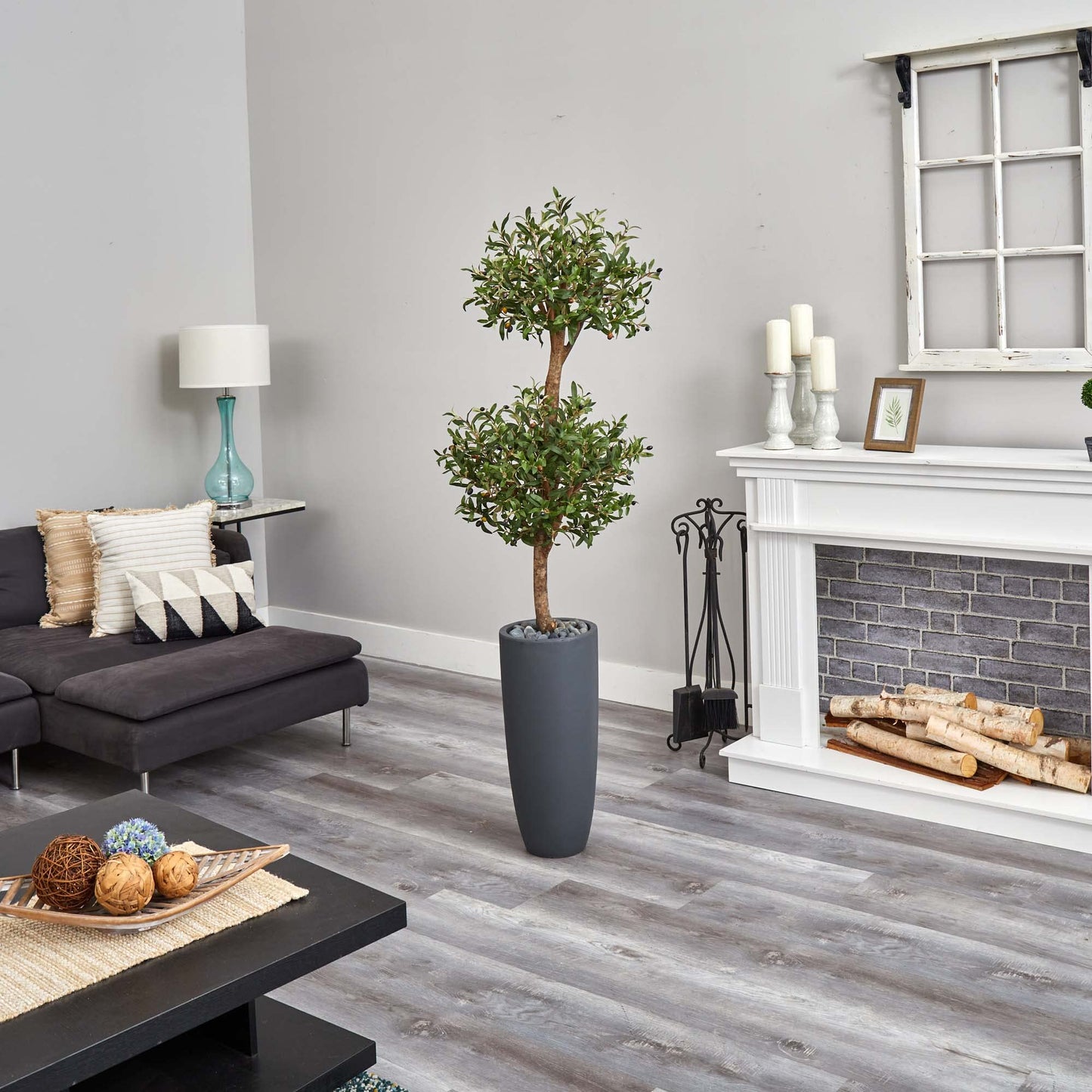 Nearly Natural 6ft. Olive Double Artificial Tree in Gray Cylinder Planter