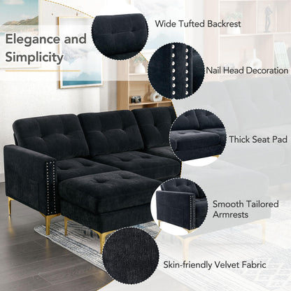 P PURLOVE Velvet Modern Large Sectional Sofa, U Shape Upholstered Couch with Chaise, Convertible Sofa Couch with Movable Ottoman for Living Room Apartment (Black)