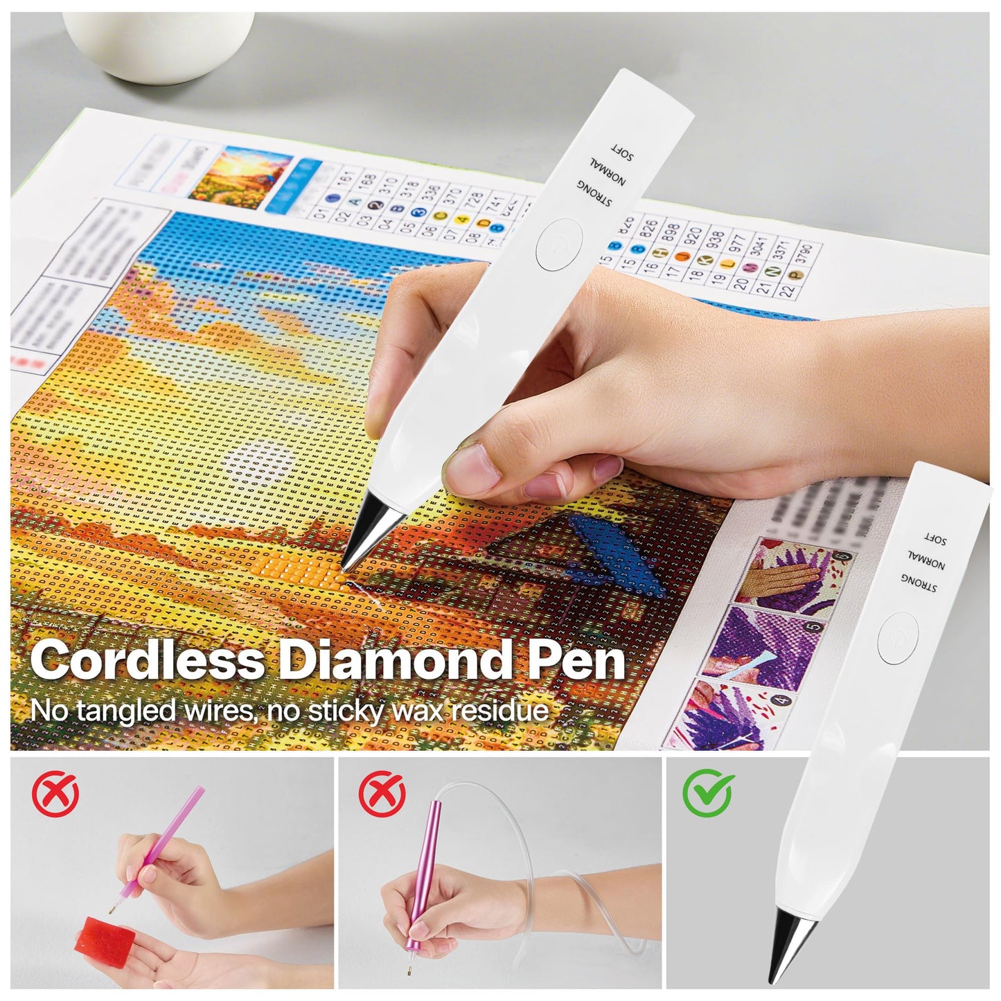 GloHopiup Electric Diamond Painting Pen, Cordless Vacuum Diamond Art Pen no Wax Needed, Rechargeable Diamond Art Accessories Kit for Adults, Perfect for Gem Diamond Art Fans - White