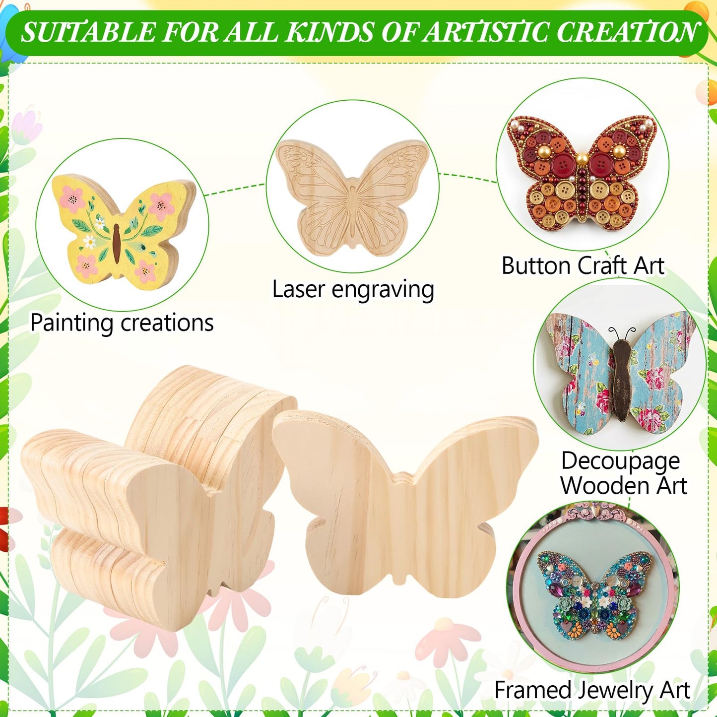 Novabright 6 Pcs Large Wooden Butterfly Block Unfinished Butterfly Shaped Signs Wood Blocks to Paint Blank Wood Table Centerpieces for Spring Home Decor Classroom DIY Art Craft Party Supplies