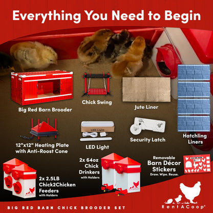 RentACoop Big Red Barn Chick Brooder Set | Durable, Lightweight, Easy-Clean, Multipurpose | with Heating Plate, Feeder, Waterer, Absorbent Hatchling Liners, Jute Liners, LED Light, Security Latch