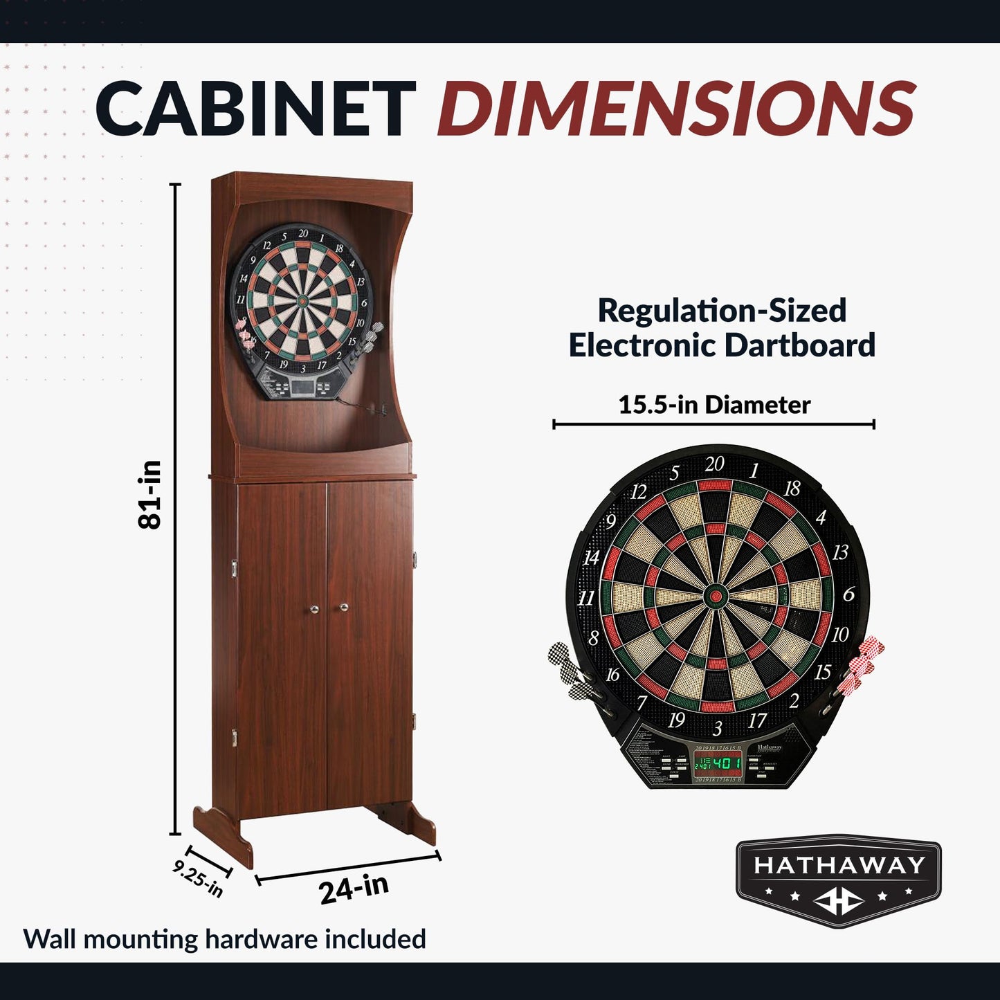 Hathaway Outlaw Electronic Dart Board Cabinet Set - 81-in Electric Dart Board with Cabinet - Professional Dart Board with 6 Soft Tip Electronic Darts, AC Adapter, and Dart Scoreboard - Cherry Finish
