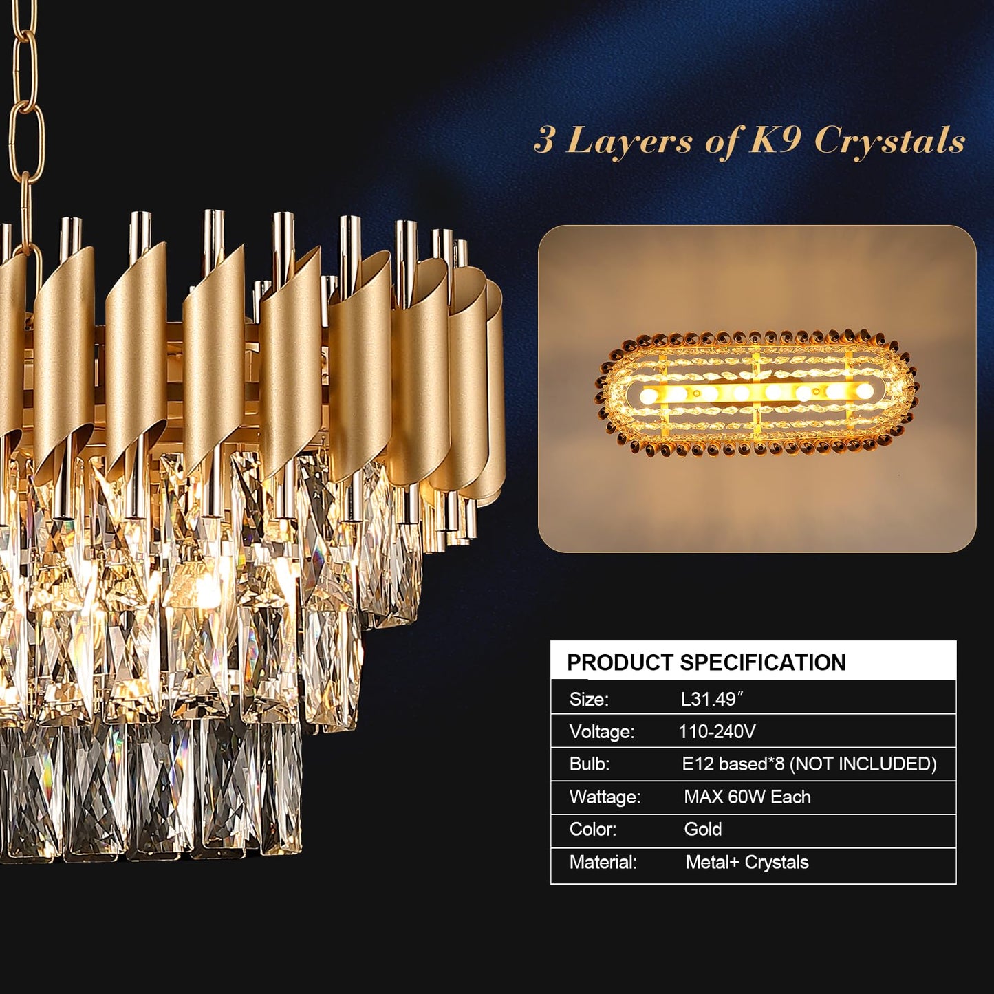 A AXILIXI Modern Rectangular Chandelier Gold Crystal Chandeliers for Dining Room 8-Light Linear Ceiling Pendant Light Long 32” Luxury Oval Chandelier for Kitchen Island Living Room