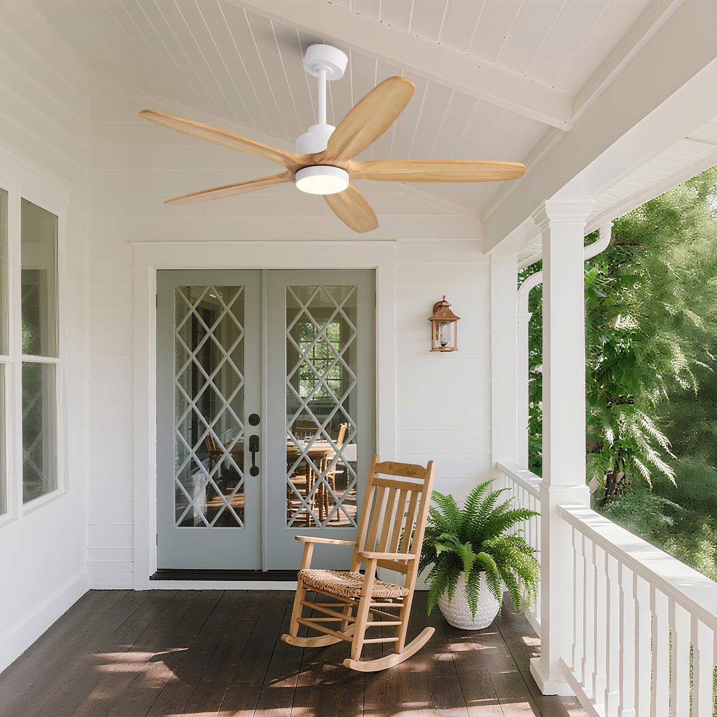 WINGBO 54" Ceiling Fan with Light - 5 Carved Solid Wood Blades, 6-Speed Reversible DC Motor, Dimmable, 3CCT, Noiseless Remote Control Ceiling Fans with Lights for Bedroom Living Room, White and Oak