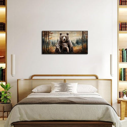 iKNOW FOTO Bear Family Canvas Print - Rustic Forest Wall Art with Black Floater Frame | 20x40'' Ready to Hang