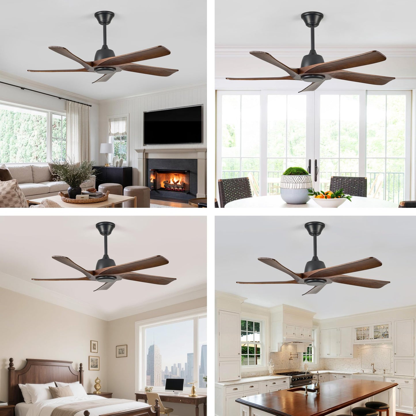 LVYEAYOU 52 Inch Solid Wood Ceiling Fan No Lights, Remote and APP Control, DC Motor, 6-speed Reversible, for Bedroom, Living Room, Office, Dark Walnut