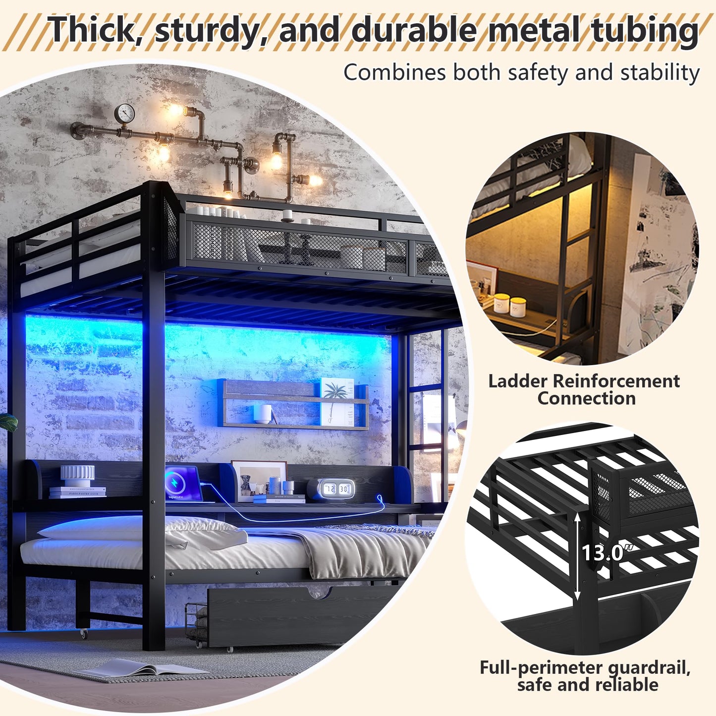 Queen over Queen Bunk Bed with Storage Drawers and Shelves, Metal Bunk Beds with Lights and USB Ports, Convertible Lower Bunkbed Queen for Guests, Bedroom, Dorms, Multi-function and Noise-free, Black