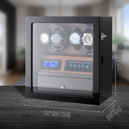 4 Watch Winder with 5 Watch Storage Space, LCD Display, Touch Control and Interior Light (Black + Brown)