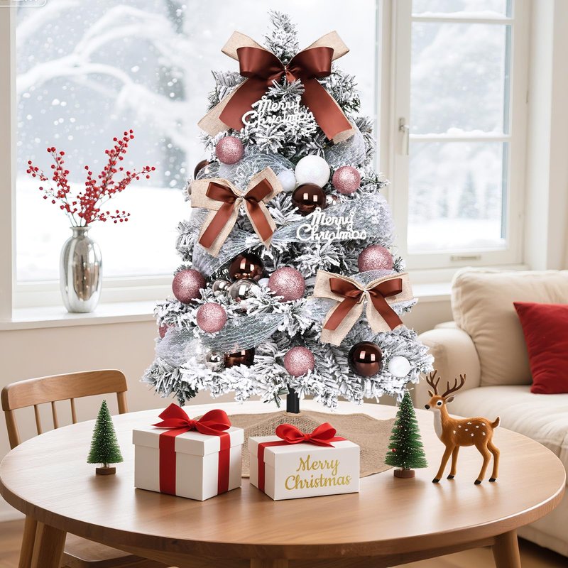 Uspring 2Ft Flocked Small Christmas Tree with Lights, Artificial Table Top Christmas Tree with 62 Pre-Decorated Ornaments, Full Mini Xmas Trees for Indoor Holiday Decor