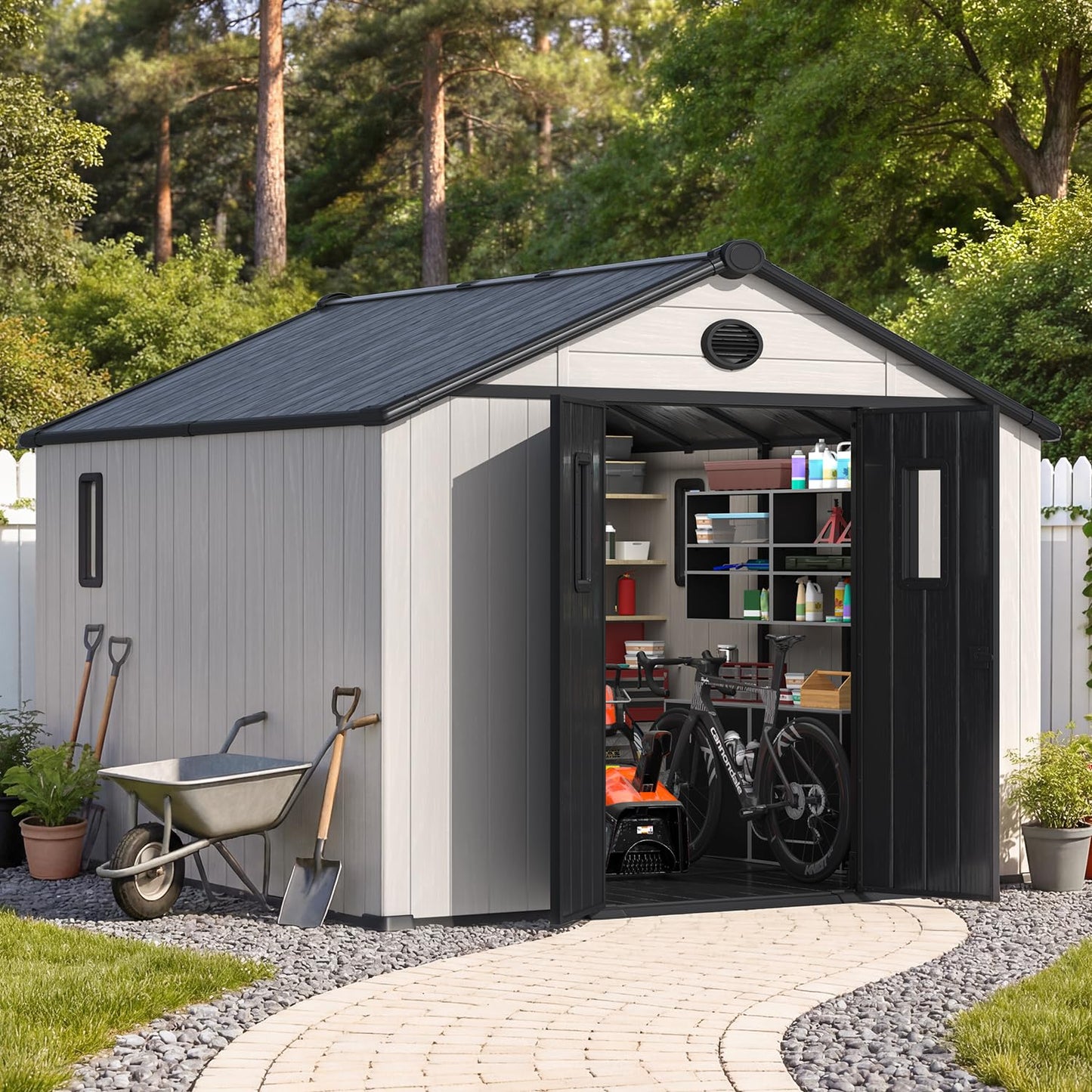 MELLCOM 10 x 10 FT Resin Outdoor Storage Shed with Floor, Outdoor Storage Tool Shed with Windows and Lockable Door, Resin Garden Shed for Lawnmower, Bike, Pool Supply