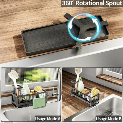 SWTYMIKI Kitchen Sink Sponge Holder - Self-draining Caddy with Brush Holder, Stainless Steel Countertop Organizer