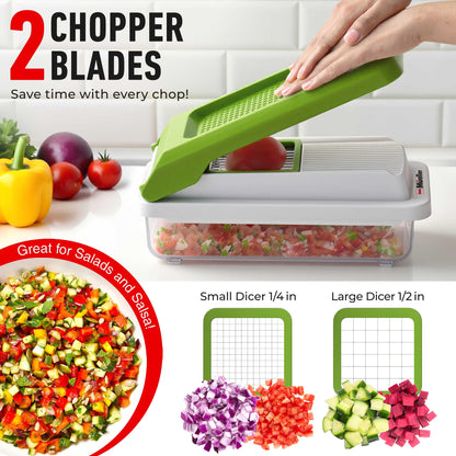 Mueller Vegetable Chopper, Mandoline Slicer, Food Veggie Chopper, Cheese Grater, Onion Vegetable Cutter with Container, Dicer, Kitchen Gadgets & Essentials, White Sand/Green