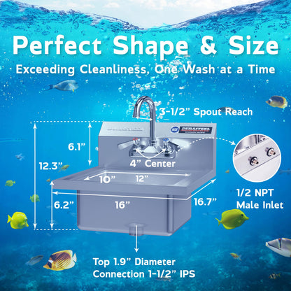 DuraSteel Stainless Steel Sink - NSF Commercial Wall Mount Kitchen Sink - Small Hand Sink with 12" x 10" x 5.5"D Wash Basin - With Sink Strainer and Faucet - For Laundry, Restaurants, Bars, and More