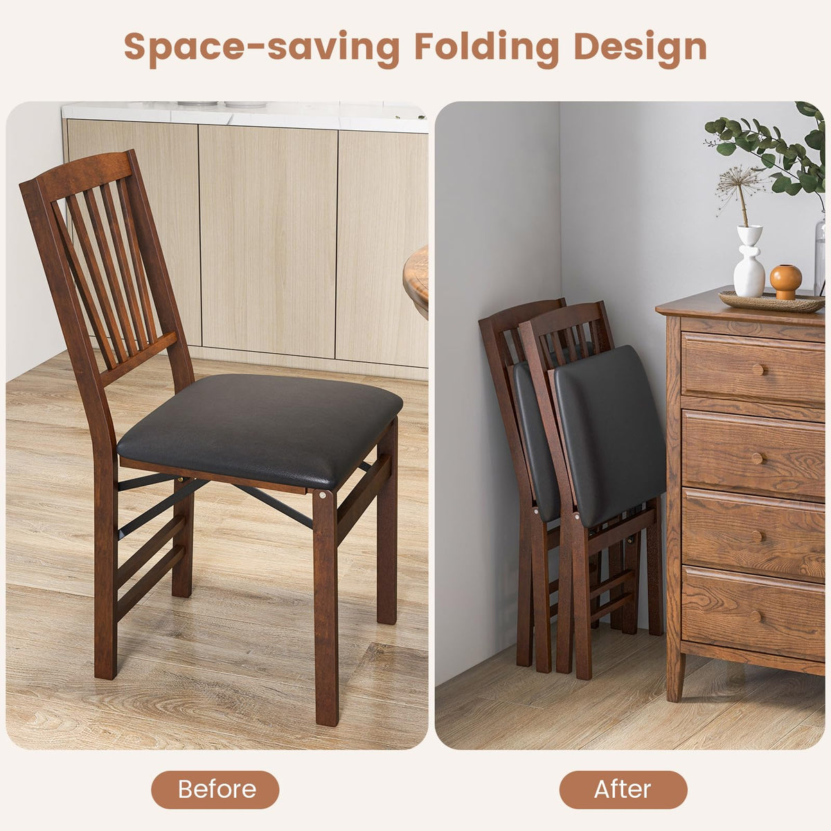 KOTEK Folding Dining Chairs Set of 4, Wooden Kitchen Chairs with Padded Seat & Solid Wood Frame, 400 LBS Weight Capacity, No Assembly Foldable Chair for Dining Room, Living Room