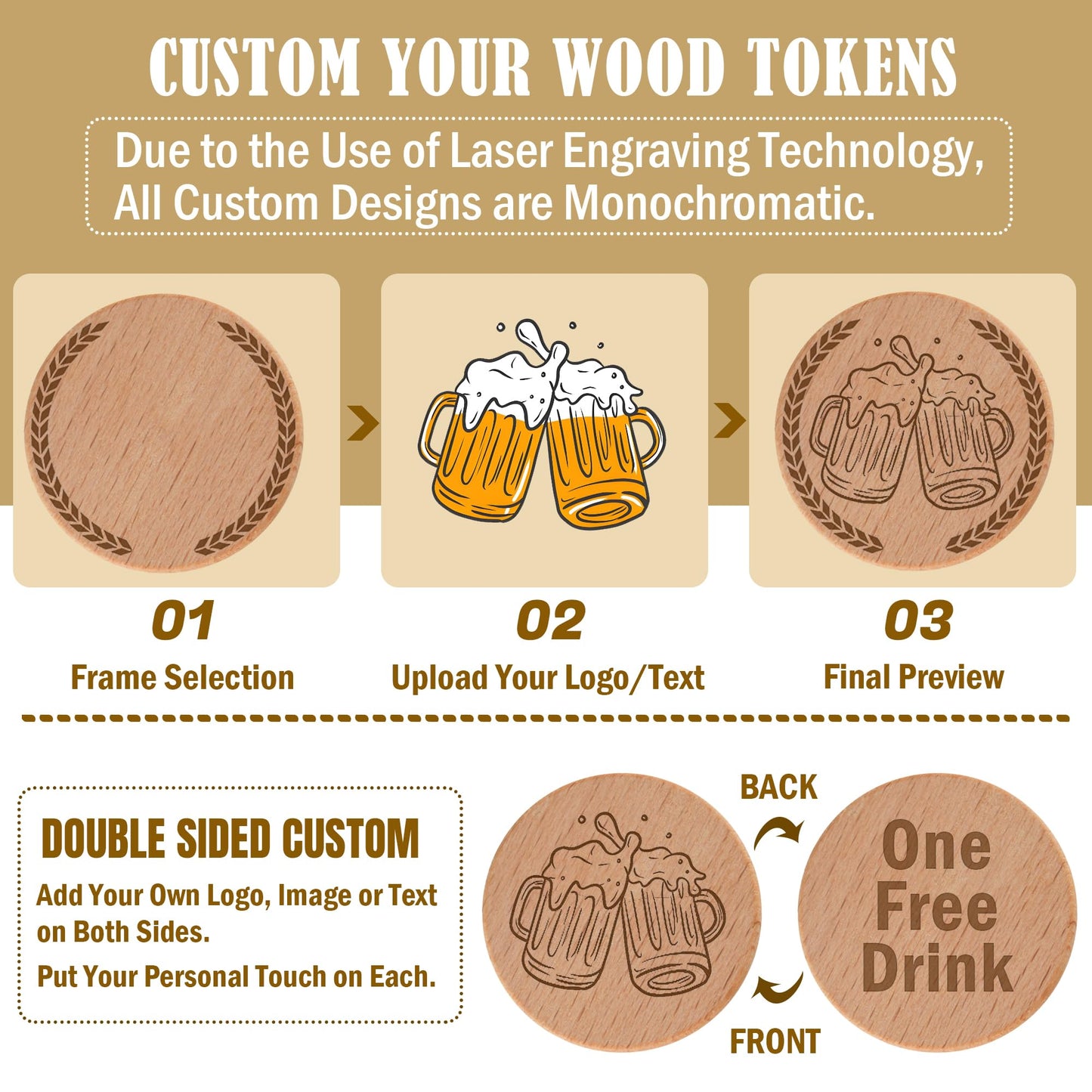 ZLYXIU 30-1000pcs 40mm Custom Wooden Drink Tokens,Double-Sided Laser Engraved with Logo,Text or Images,Personalized Round Wood Chips for Bars,Weddings,Parties,Corporate Events Promotions