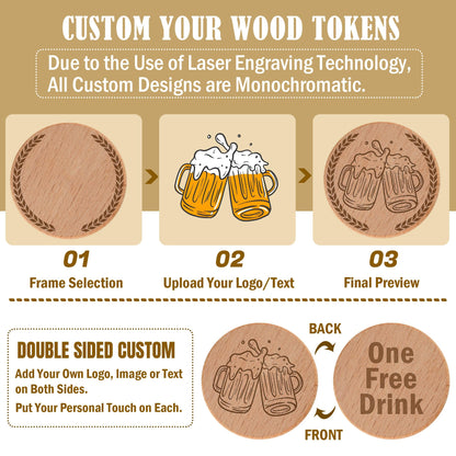 ZLYXIU 30-1000pcs 40mm Custom Wooden Drink Tokens,Double-Sided Laser Engraved with Logo,Text or Images,Personalized Round Wood Chips for Bars,Weddings,Parties,Corporate Events Promotions