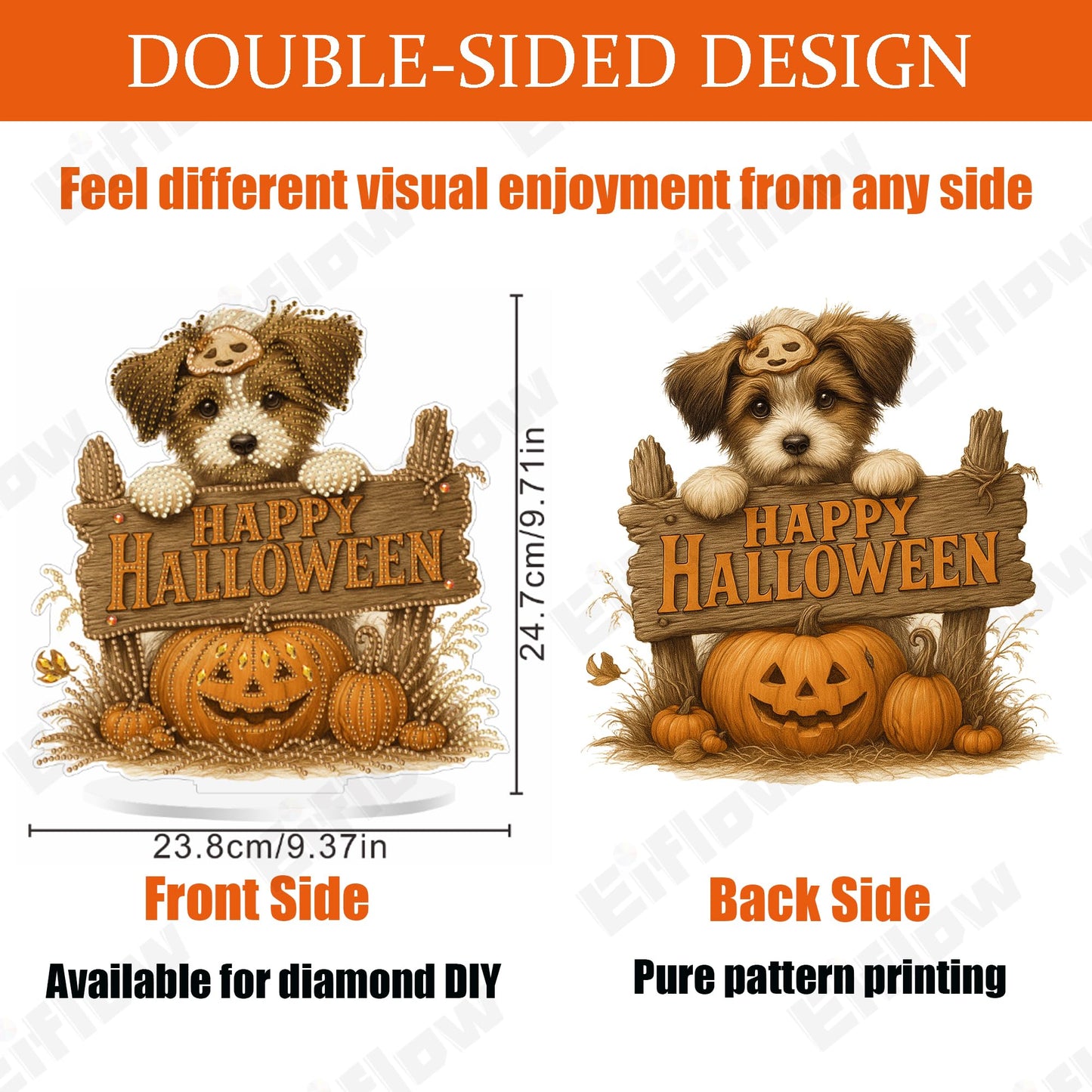 Eiflow Desktop Diamond Art Kit for Adults Happy Halloween, DIY Tabletop Diamond Art Painting with Stand, Acrylic Stand Up Gem Painting Board Kit(Dog and Pumpkin)